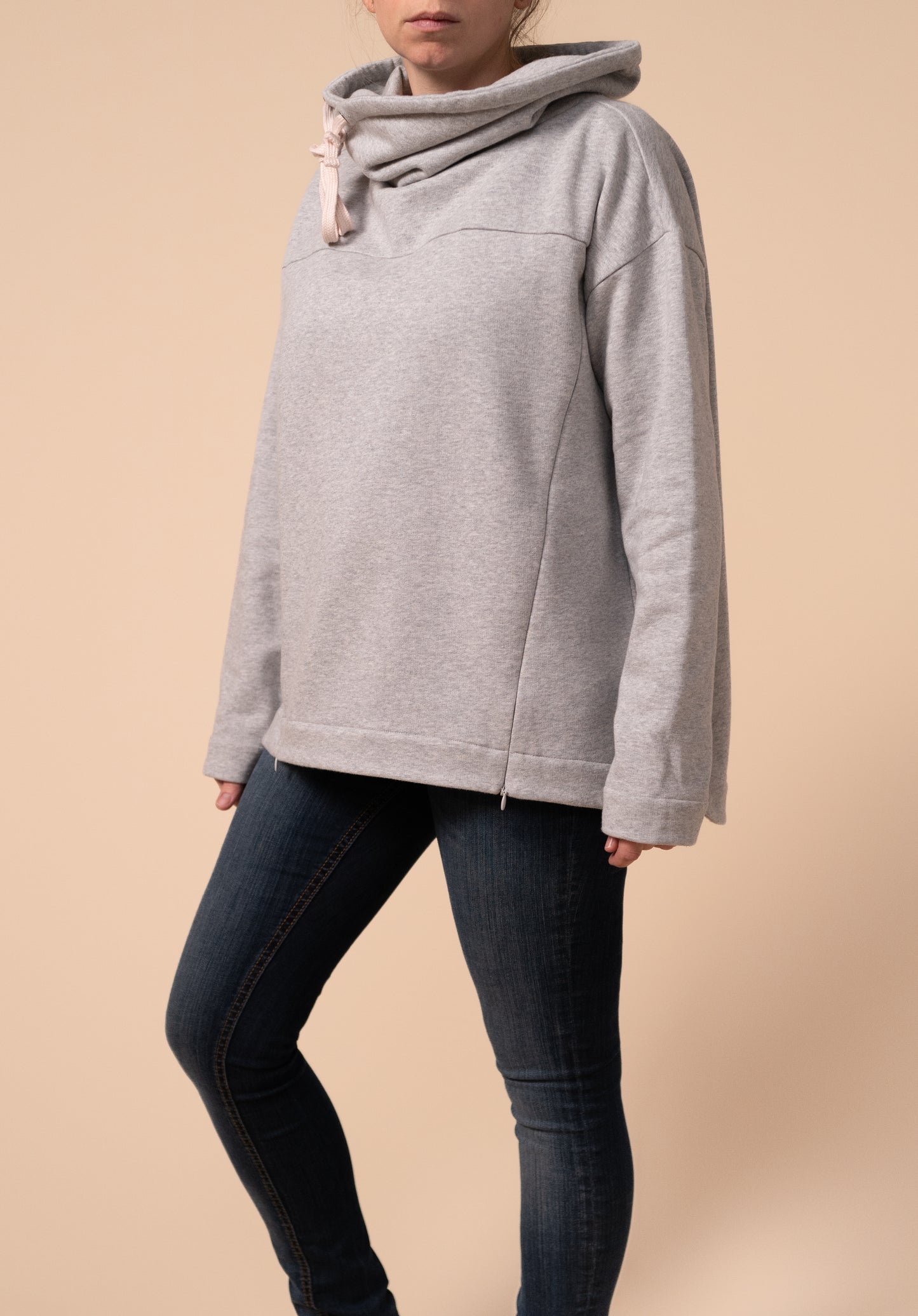 Front view of the grey wrap neck