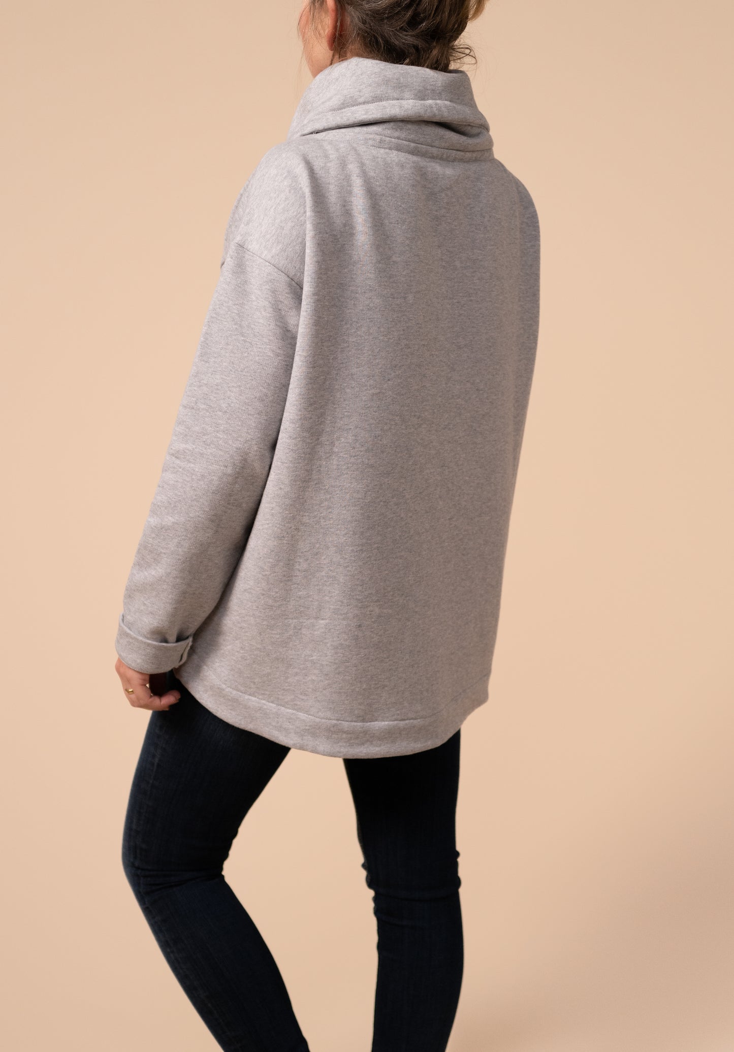 Back view of the grey wrap neck
