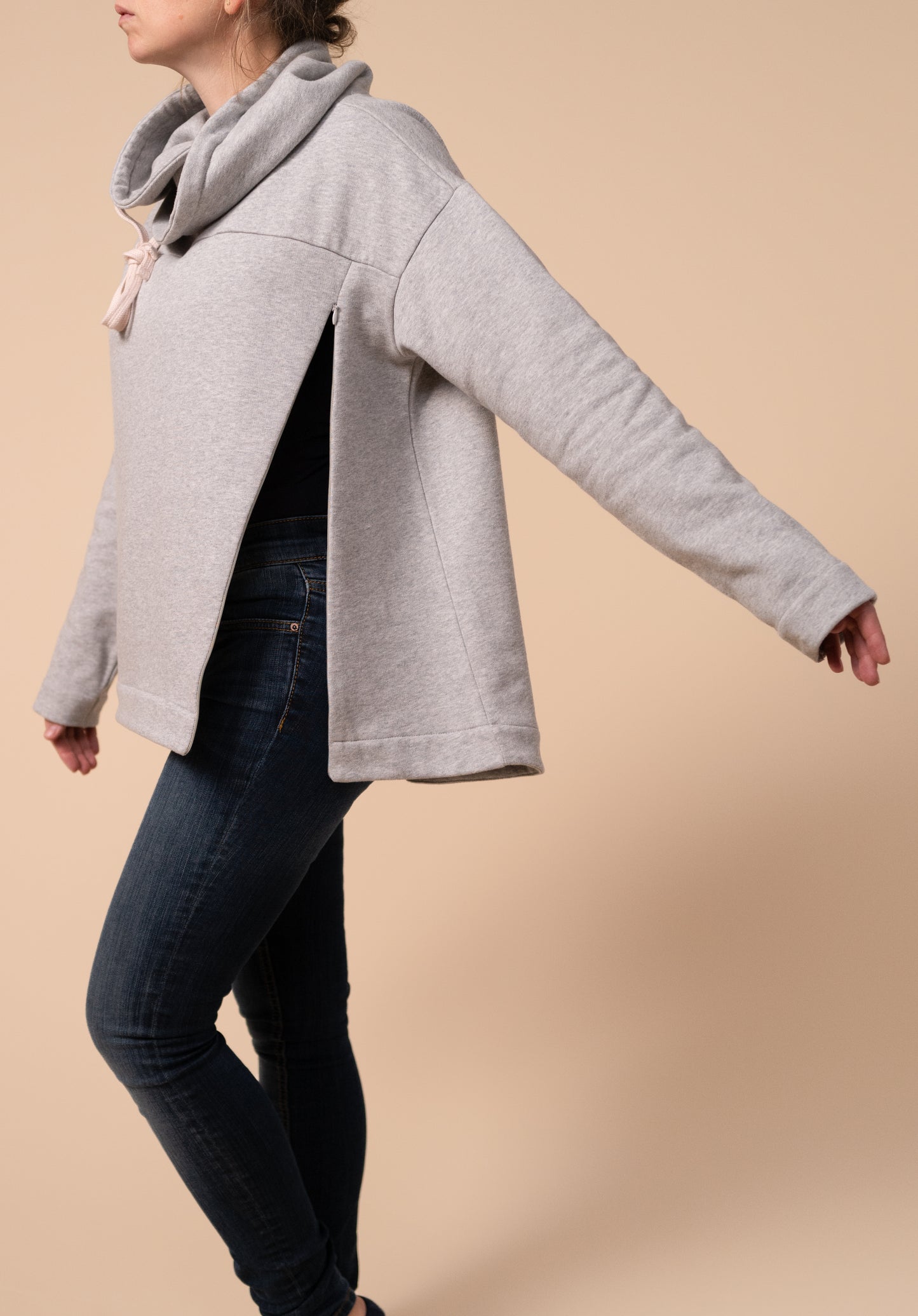 Side view of the wrap neck with zips open to see the access for breastfeeding