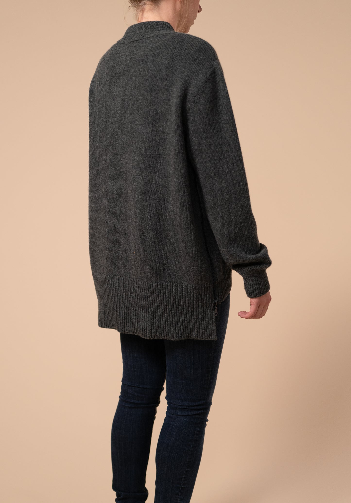 Image showing lambswool breastfeeding friendly nursing jumper with zip access and a stepped hem at the back for extra coverage