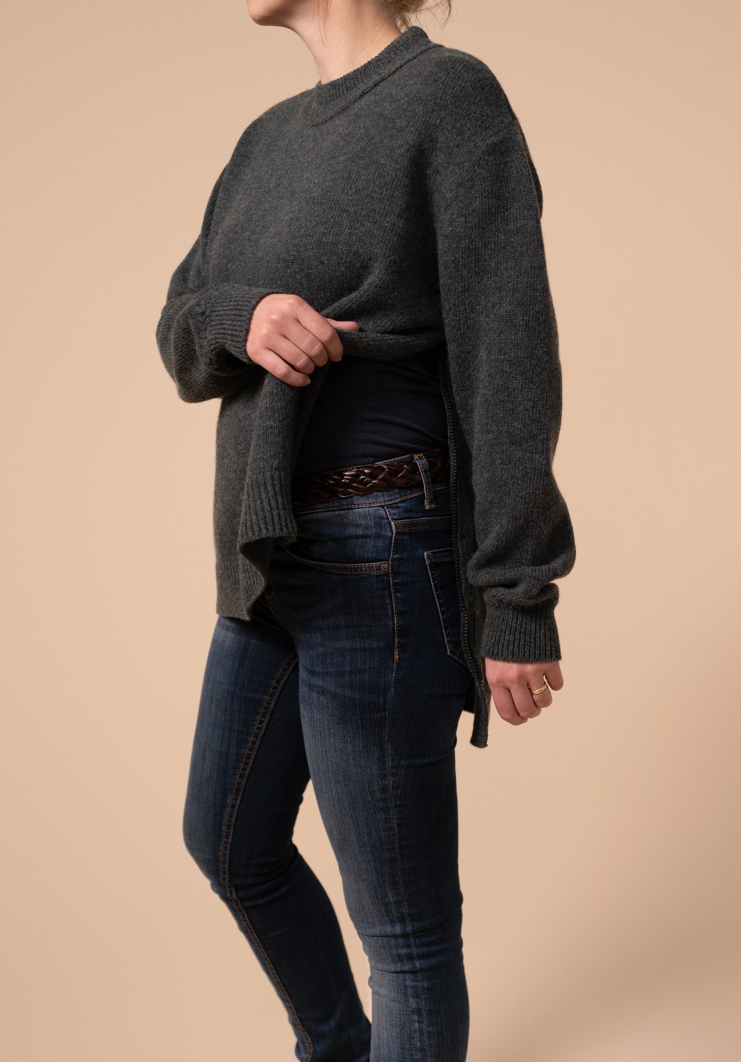 Side view of the crew neck nursing jumper with opened access pulled to the side