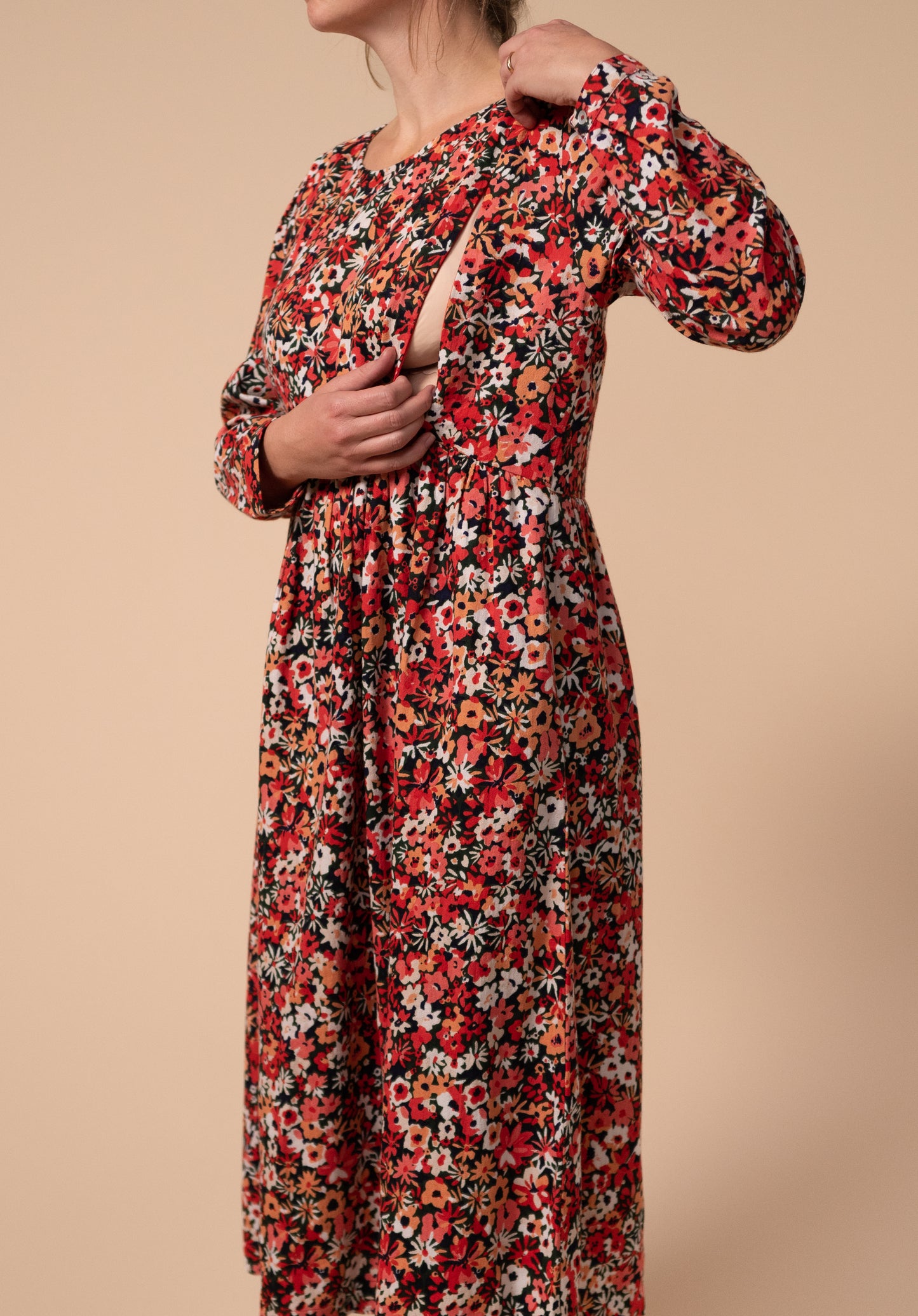 Martha floral nursing dress show the side zip access for breastfeeding