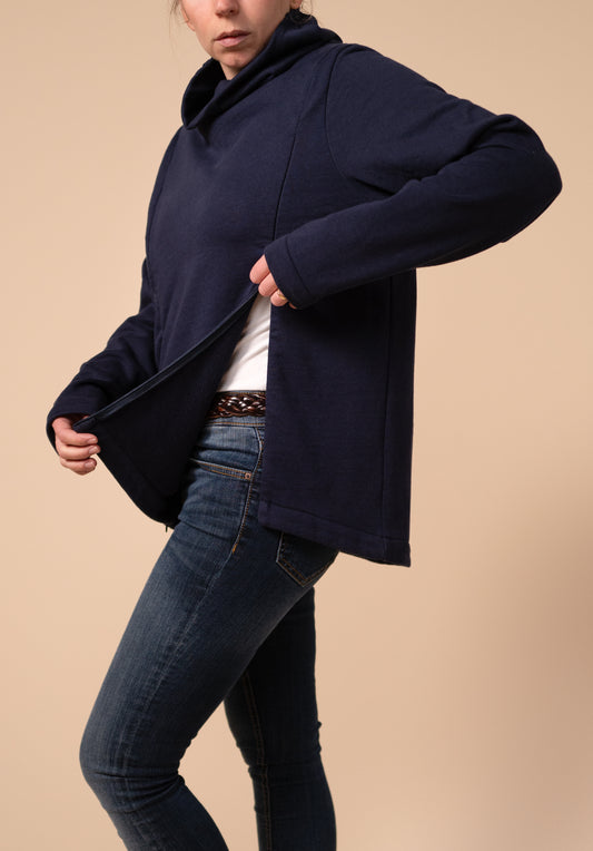 Navy Jumper image showing the zip access for breastfeeding/ nursing
