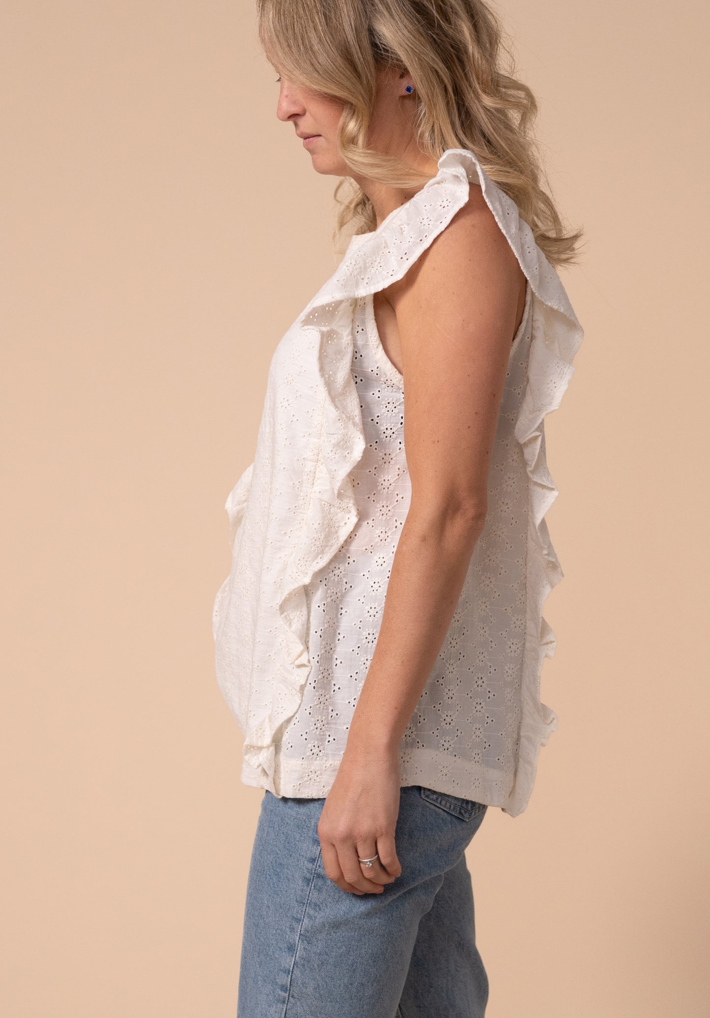 breastfeeding friendly broderie anglaise top show the side view up tucked